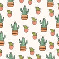 Cute cactus ilustration on pink background. seamless pattern with houseplant icon. cactus in the pot. hand drawn vector. doodle ar Royalty Free Stock Photo