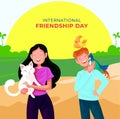 Happy Friendship day greeting card. Friends hugging, smiling
