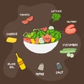 Salmon salad recipe illustration on brown background. salad ingredients, tomato, lettuce, salmon, cucumber, salt and pepper, olive