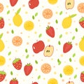 Seamless pattern with tropical fruits with green leaf. orange slice, lemon, and strawberry illustration. hand drawn vector. doodle Royalty Free Stock Photo