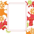 Fruit border, frame. slice of orange and strawberry fruits illustration. splashing water, orange and strawberry juice. hand drawn Royalty Free Stock Photo