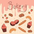 Bakery-hand drawn lettering with strawberry fruit, donut, chocochip cookies, croissant, bread and muffin illustration on pink back
