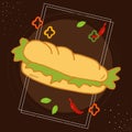 Sandwich illustration with slice of paprika, basil leaf and red chilli in the frame. hand drawn vector. doodle art for wallpaper,