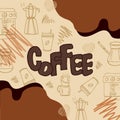 Coffee-hand drawn lettering with sketch of coffee machine, kettle, coffee maker and glass of coffee illustration. hand drawn, retr