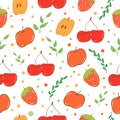 Seamless pattern with tropical fruit icon. hand drawn vector. apple, strawberry, cherry and green leaves illustrations. doodle art Royalty Free Stock Photo