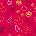 Set of fruit icon. cherry, avocado. lemon slice, strawberry and grape fruits illustration on red background. hand drawn vector. do Royalty Free Stock Photo