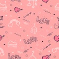 Love-hand drawn lettering with hanging cloud, star and crescent moon, rain and heart with arrow illustration on pink background. h Royalty Free Stock Photo