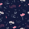 Romantic background. love-hand drawn lettering with heart balloons, heart shape, envelope with aircraft illustration on dark blue Royalty Free Stock Photo