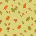 Green and orange leaves with flower illustration. hand drawn vector, seamless pattern. autumn background. falling leaves. doodle a Royalty Free Stock Photo