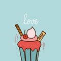 Love-hand  drawn lettering with cute cupcake with cherry fruit, chocolate waffle and stick chocolate illustration on blue backgrou Royalty Free Stock Photo
