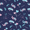 Love-hand drawn lettering with heart balloons, envelope, arrow, leaf and origami illustration on dark blue background. hand drawn Royalty Free Stock Photo