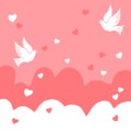 Two pigeon bird flying in the pink sky with heart illustration. hand drawn vector. heaven and peacefull. doodle art for wallpaper,