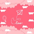 Aicraft origami with love writing, cloud and hot air balloon illustration on pink background. hand drawn vector. doodle art for wa Royalty Free Stock Photo