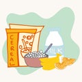 Healthy breakfast. cereal box, cereal on the bowl with spoon, milk bottle, banana and orange fruits illustration. hand drawn vecto Royalty Free Stock Photo