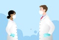 Young man and woman doctors profile portrait wearing protective white ffp2 or kn95 masks