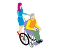 girl transporting an old disabled person, old man in a wheelchair, isolated Royalty Free Stock Photo