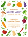 Farmers market poster design with various fresh local vegetables and herbs. Food festival flyer template. Royalty Free Stock Photo
