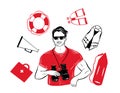 Lifeguard in sunglasses with binoculars.Lifeguard icon set. Royalty Free Stock Photo