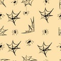 Seamless pattern with cobwebs and spiders on a beige background.Halloween. Royalty Free Stock Photo