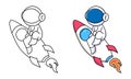 Cute astronaut sitting on spaceship coloring page for kids Royalty Free Stock Photo