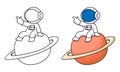 Cute astronaut sitting on saturn planet coloring page for kids Royalty Free Stock Photo