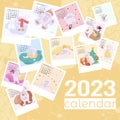 Square Calendars with illustrations of rabbits for each month of the year, a calendar for 2023