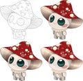 Cute cartoon mushroom character set sketch template for children. Graphic vector illsutartion in color and black and white Royalty Free Stock Photo