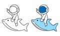 Cute astronaut sitting on dolphin coloring page for kids Royalty Free Stock Photo
