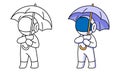 Cute astronaut with umbrella coloring page for kids