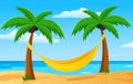 Hammock between palm trees against the background of the sea and sand. flat vector illustration