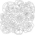 Realistic mix flowers bouquet with roses, peony and gerbera daisy sketch template. Graphic vector illustration in black and white Royalty Free Stock Photo