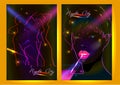 set of bright posters for a night party with neon lights effect.