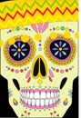 Day of the dead, Dia de los moertos, banner with colorful Mexican flowers. Vector skeleton skull in sombrero.