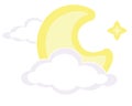 Moon and star in clouds, celestial body crescent - vector full color picture. Moon in the clouds and a four-pointed star