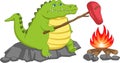 Cartoon cute crocodile grilling meat on fire