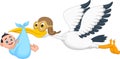 Cartoon stork carrying baby on white background Royalty Free Stock Photo