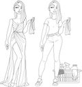 Cartoon mean girl in evening dress and basic clothes with cleaning supplies sketch template set