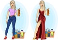 Cartoon mean girl in evening dress and basic clothes with cleaning supplies template