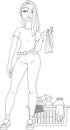 Cartoon mean girl with cleaning supplies sketch template. Graphic vector illustration in black and white