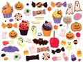 Halloween celebration related candies, desserts and sweets. Collection of hand drawn, vector cartoon illustrations. Royalty Free Stock Photo