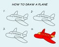 Step by step to draw a Plane. Drawing tutorial a Plane. Drawing lesson for children. Vector illustration