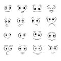 Face expression isolated vector icons, funny cartoon emoji satisfied, and crazy, angry, laughing and sad