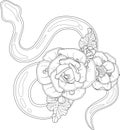 Cartoon snake and rose flowers graphic template sketch. Vector illustration in black and white