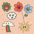 Vector Illustration of Spring Doodles: Flowers, Sun, Clouds - Beautiful Hand-Drawn Set