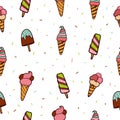 food background. seamless pattern with set of ice cream illustration. hand drawn vector. Royalty Free Stock Photo