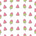 seamless pattern with ice cream and watermelon fruit illustration. food background. hand drawn vector. Royalty Free Stock Photo