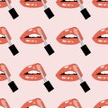 Woman lips and lipstick seamless pattern on pink background Royalty Free Stock Photo