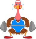 Cartoon cute turkey bird exercising with lifting weights