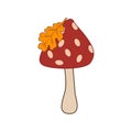 Vector illustration of a simple mushroom with an oak leaf. Red fly agaric mushroom Royalty Free Stock Photo