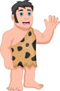 Cartoon happy caveman waving on white background